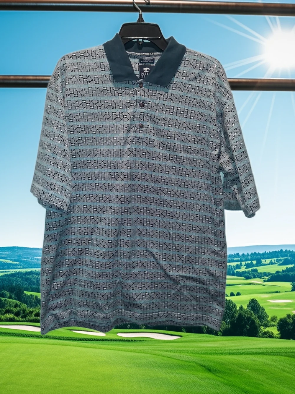Pebble Beach Men’s Teal and Light Blue Geometric Polo Size Large